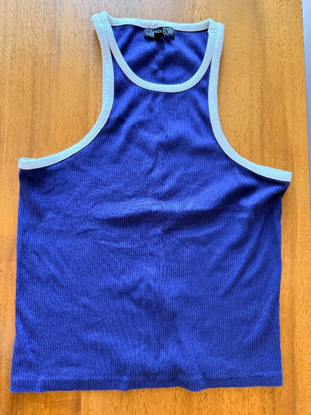 J.Crew Ribbed High Neck Racerback Tank, Blue with White Trim, Size L